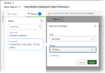 Screenshot showing date filter with current employment start date selected and range set to all time